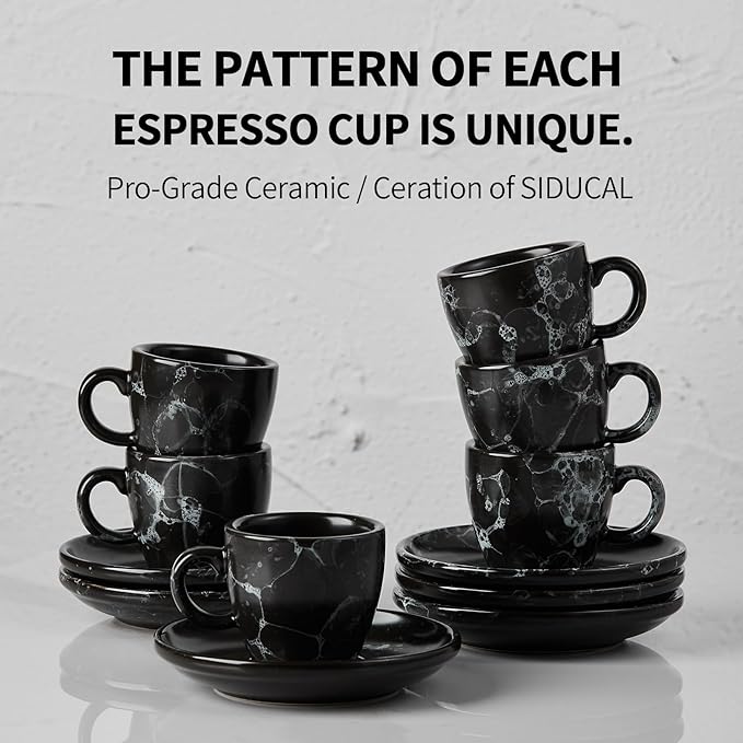 SIDUCAL Espresso Cups Set of 6,2 Ounce Ceramic Coffee Cups with Saucers,Porcelain Double Espresso Shot Cup Set,Gift Box for Boyfriend Gift(Black)