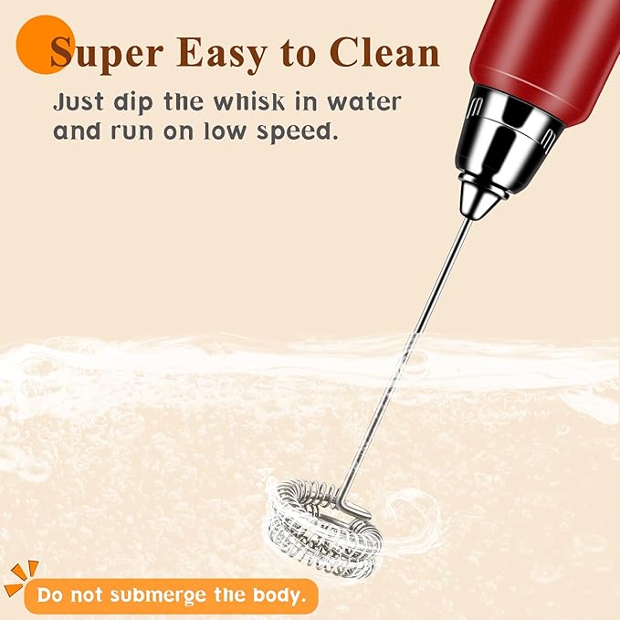 Milk Frother Handheld Rechargeable, Frother Wand Drink Mixer Electric Whisk for Coffee, Detachable With 3 Stainless Whisks, Hand Mixer for Lattes, Cappuccino, Matcha, Egg, No Stand, Red