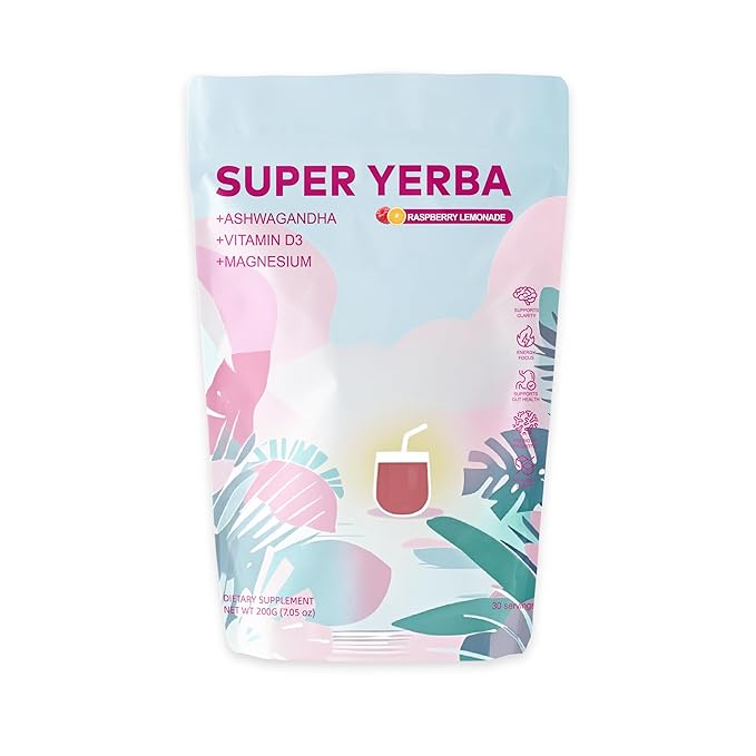 Super Yerba,Yerba Mate Instant Tea Powder,3-in-1 Formula with Low Sugar Prebiotics & Probiotics - Raspberry Lemonade Flavor with Lion's Mane,Energy Support & Focus Enhancer - Gluten-Free, Vegan, Non-GMO, 30 Servings