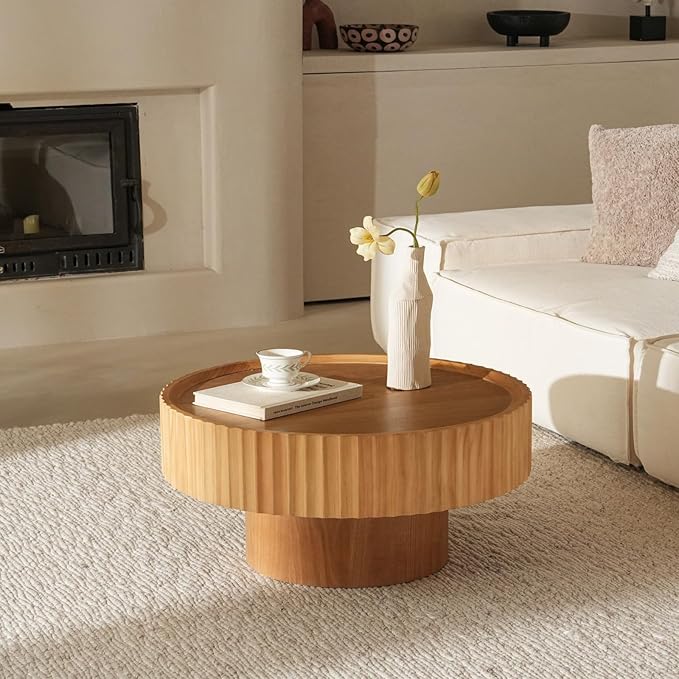 Round Wood Coffee Table - Wooden, Ribbed-Design, 30.3" Dia, 14.9" H Living Room Table, Center Table Simple Modern Style for Home Living Room Furniture (Nature Wood, 30.3''L×14.9''H)