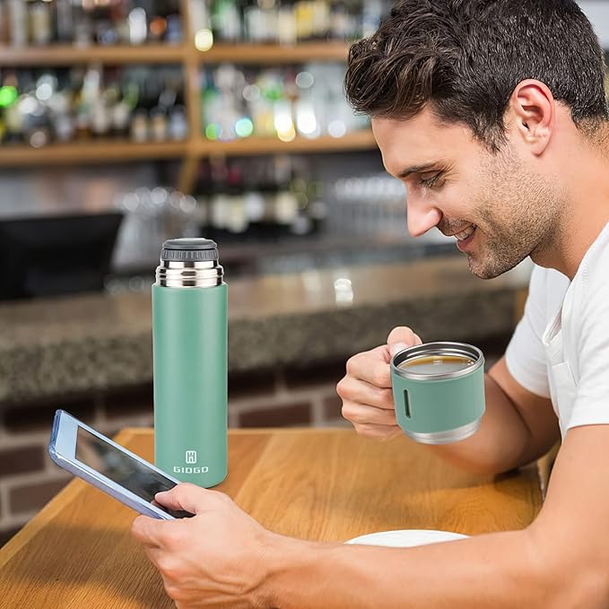Stainless Steel Thermo 500ml/16.9oz Vacuum Insulated Bottle with Cup for Coffee Hot drink and Cold drink water flask.(Green,Single)