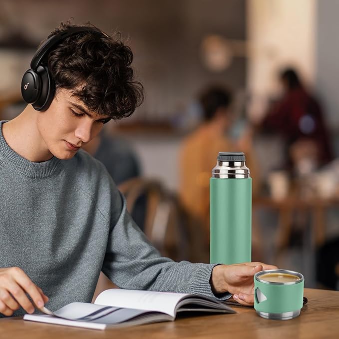 Stainless Steel Thermo 700ml/23.7oz Vacuum Insulated Bottle with Cup for Coffee Hot drink and Cold drink water flask.(Green,Single)