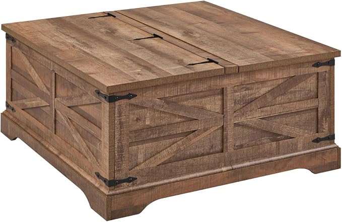 JXQTLINGMU Farmhouse Lift Top Coffee Table with Storage, 36" Wood Square Center Table with Large Hidden Compartment, Rustic Lift Tabletop Dining Table for Home Living Room, Light Brown