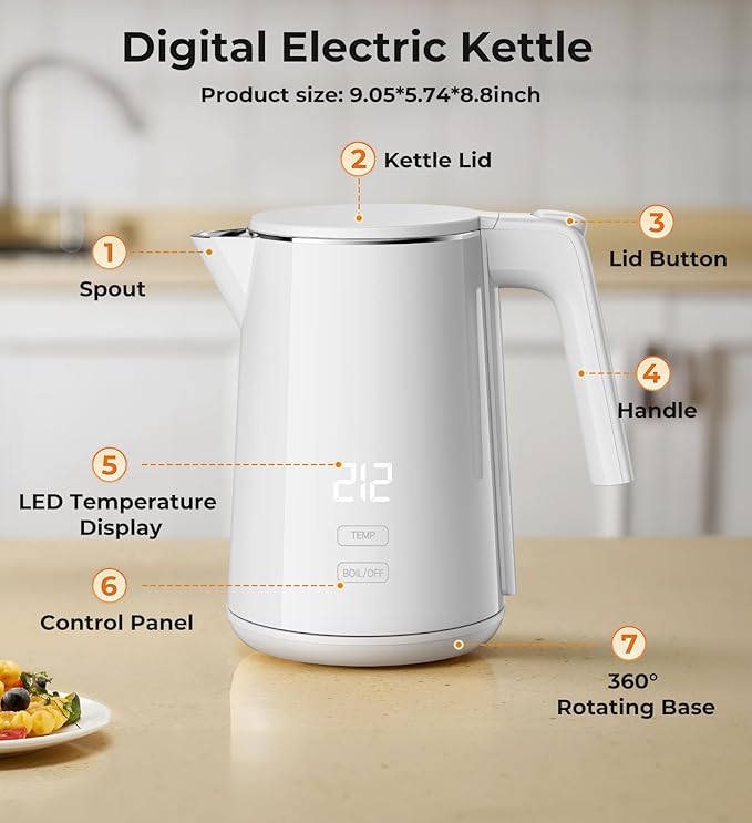 Electric Kettle, 1.0L 1200W Fast Heat with Auto Shut-Off, Boil-Dry Proof, 7 Temperature Control Teapot, Double Wall Stainless Steel Water Boiler Heater, 4H Keep Warm, Cool Touch Coffee Tea Pot, White