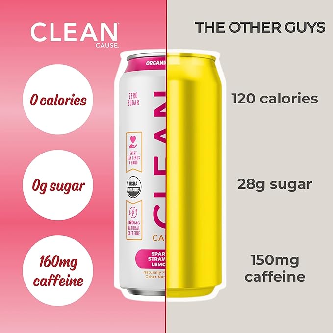 NEW CLEAN Cause Zero Sugar Strawberry Lemonade Yerba Mate Tea Sparkling, USDA Organic Energy Drink Alternative, Zero Calorie, 160mg Natural Caffeine, Soda Alternative (16oz cans, 12-Pack Case)