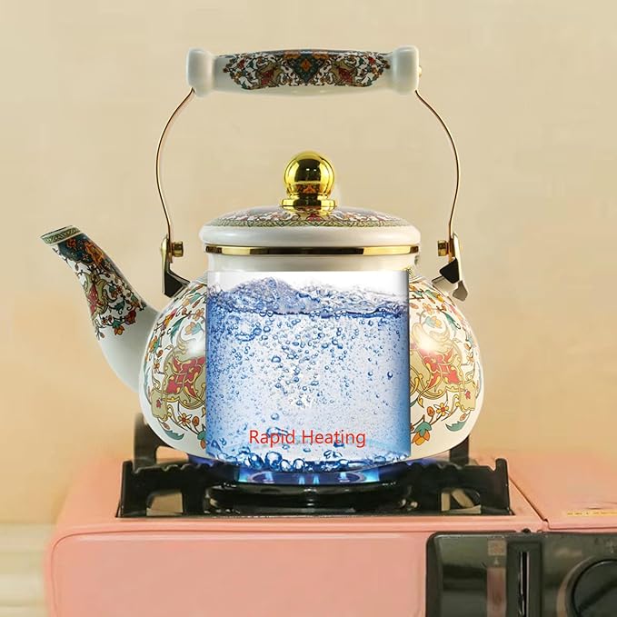 Floral Enamel Tea Kettle Vintage Gold Beige Teapot Colorful Boho Hot Water Coffee Kettle Pot 2.5L Porcelain Tea Pot with Ceramic Handle for Stovetop Hot Water Kitchen Decor