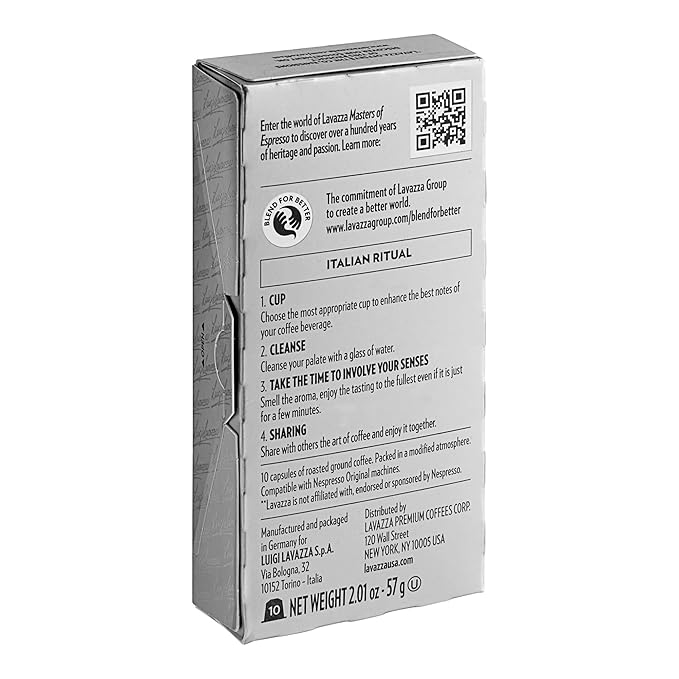 Lavazza Espresso Ristretto Dark Roast Arabica & Robusta Aluminum Capsules Compatible with Nespresso Original Machine, 10 Count, Intense and full bodied, dark crema, Intensity 12 of 13