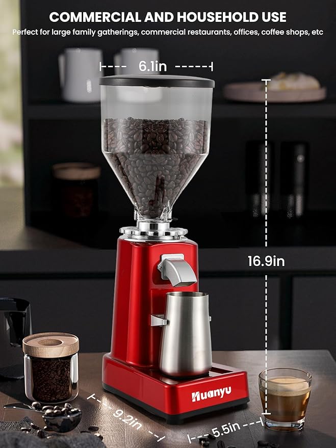 Huanyu Burr Coffee Grinder- Stainless Steel Flat Burr, 19 Precise Grind Settings, 35oz Capacity and Dual Dosing for Espresso, Hand Punch, French Press Red