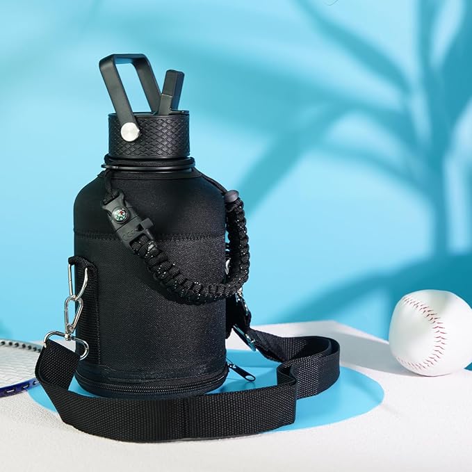 Gallon Insulated Water Bottle with Straw,128 oz 3 Lids Water Jug with Carrying Bag,Paracord Handle, Double Wall Vacuum Stainless Steel Metal Flask,Sky