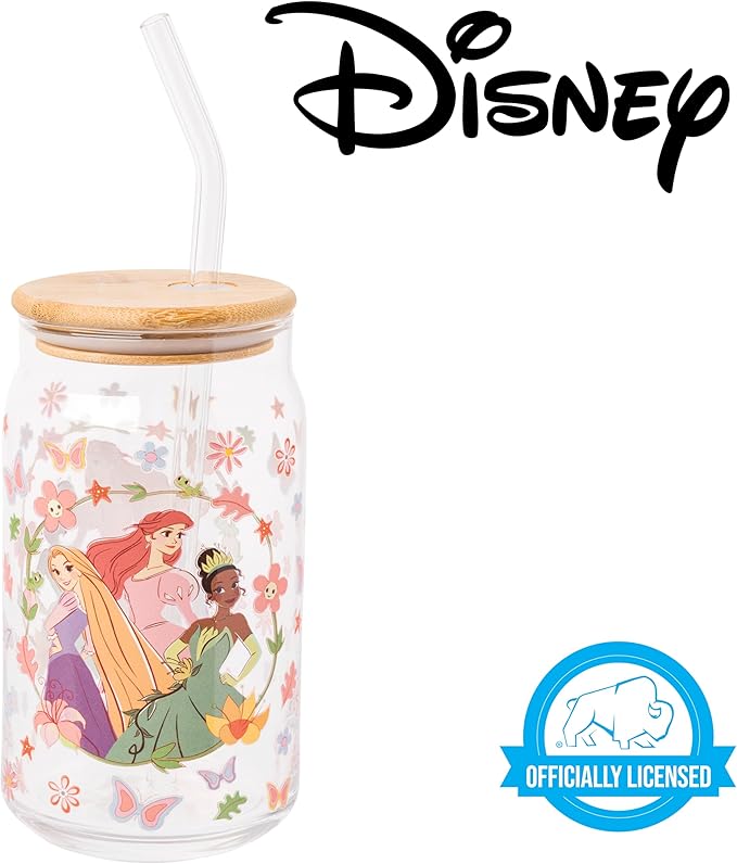 Silver Buffalo Disney Princesses Featuring Rapunzel Tangled, Ariel Little Mermaid, Tiana Princess and the Frog Spring Floral Glass Jar Tumbler with Bamboo Lid and Glass Straw, 16 Ounces