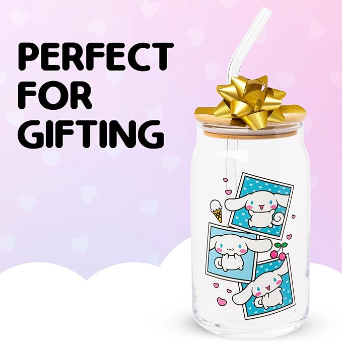 Silver Buffalo Sanrio Hello Kitty and Friends Cinnamoroll Polaroids Glass Jar Tumbler with Bamboo Lid and Glass Straw, 16 Ounces