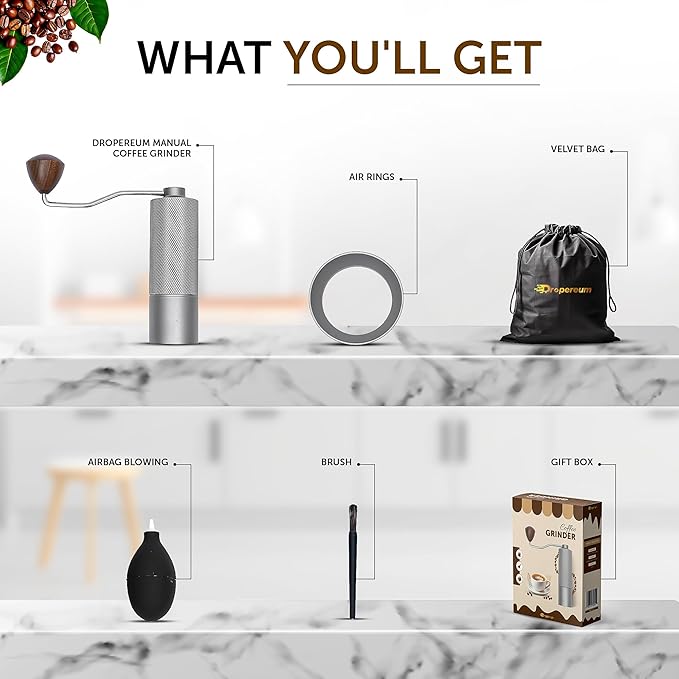 Manual Coffee Bean Grinder 5 in 1 Accessories 25G, Portable French Press 12 Adjustable Setting Espresso Grinder, Conical Coffee Burr Grinder with Double Bearing, Steel Body