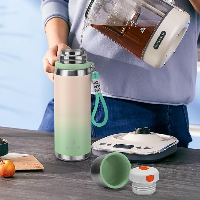 Stainless Steel thermo Bottles with cup 700ml/23.7oz Vacuum Insulated Bottle for hot and cold coffee drink water thermo flask with cup.(Gradient Green,700ml)