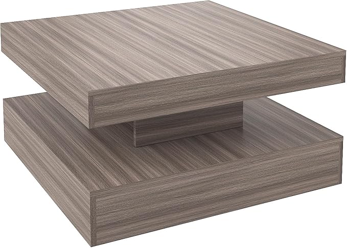 LED Coffee Table for Living Room, Living Room Table 2-Tier Square Middle Center Table, Modern Coffee Tables with Storage, Contemporary Wood Tea Tables for Dining Reception, Grey Wood