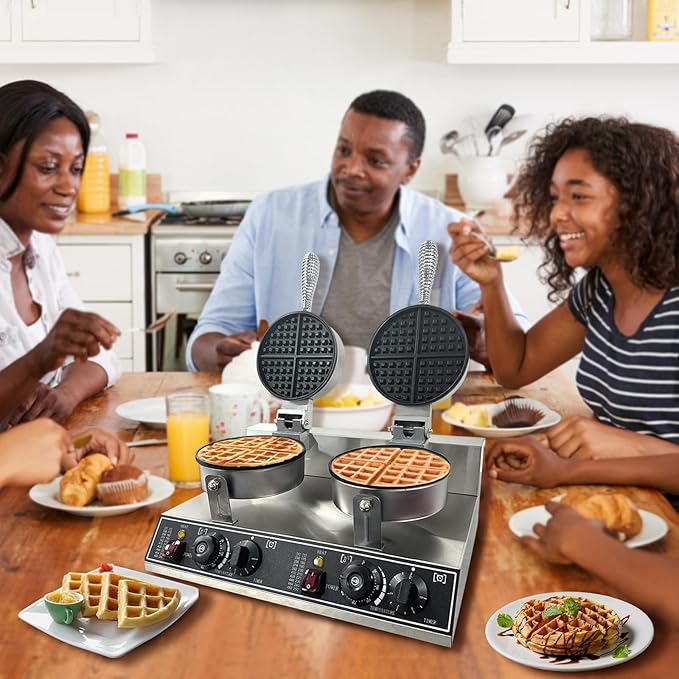 2400W Double Head Waffle Maker with Temperature & Time Control, Stainless Steel Commercial Waffle Iron with Non-Stick Coating for Home Cafe Restaurant Snack Bar Party Food Stall