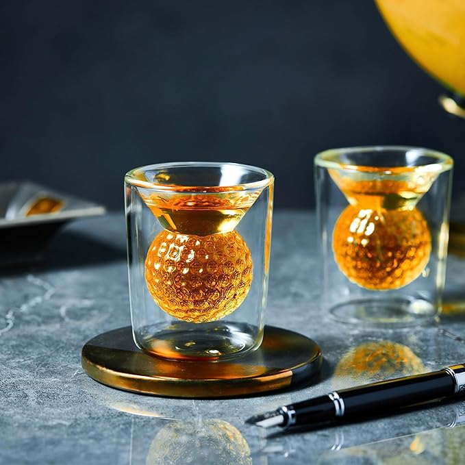 Golf Ball Shot Glasses Set of 4, Funny Handmade Birthday Gifts for Men and Women - 2oz Double Walled with 3D Shape Golf Ball Inside, Tequila, Whiskey, Cocktail Presents for Golfer