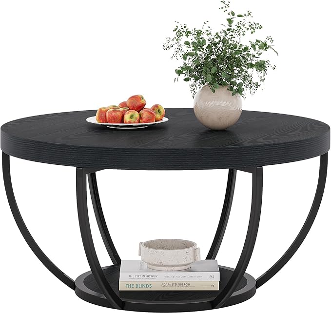 Tribesigns Black Round Coffee Table, 31.7" Modern 2-Tier Circle Coffee Table with Storage Shelves, Accent Cocktail Table Center Table for Living Room