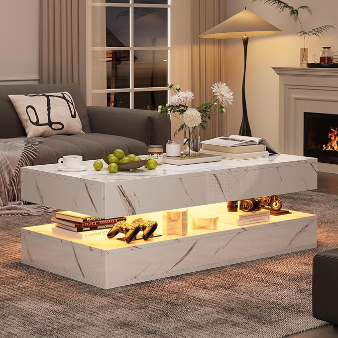 LED Coffee Table, 47.2" Coffee Tables with Storage Drawers, Smart Living Room Table with Wireless Charging & Bluetooth Speaker,Modern Center Tables for Living Room, White Marble