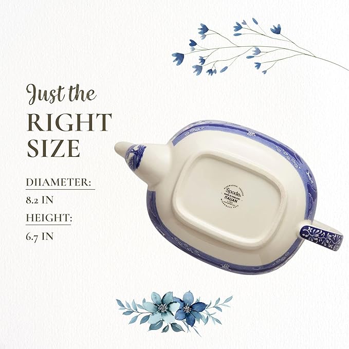 Spode Blue Italian Teapot with Infuser - 40 oz Countryside-Inspired Ceramic Teaware for Afternoon Tea, Earthenware Brunch Tableware, Vintage-Inspired Tea Party Hosting