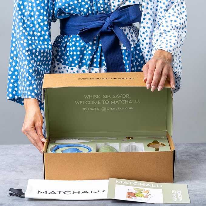 Premium 9 Piece Matcha Set With Ceramic Matcha Bowl, Bamboo Whisk & Holder, Stainless Steel Spoon & Sifter, Glass Cup & Straw, Electric Frother, Storage Bag - Gift for Matcha Lovers (Blue)