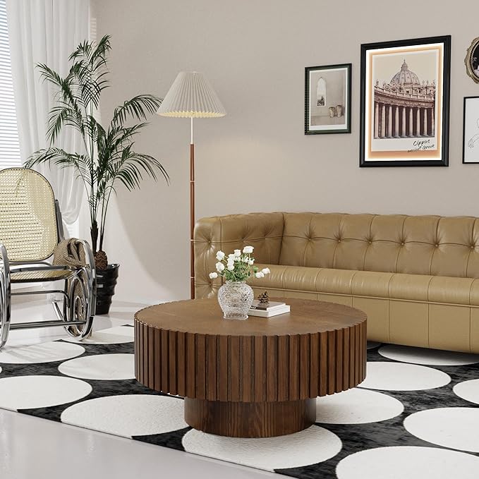 Artisan-Crafted Round Fluted Coffee Table - Solid Wood Drum Base with Detailing, Handmade Circular Centerpiece for Living Room, Rustic Modern Home Decor (D Walnut 31in)