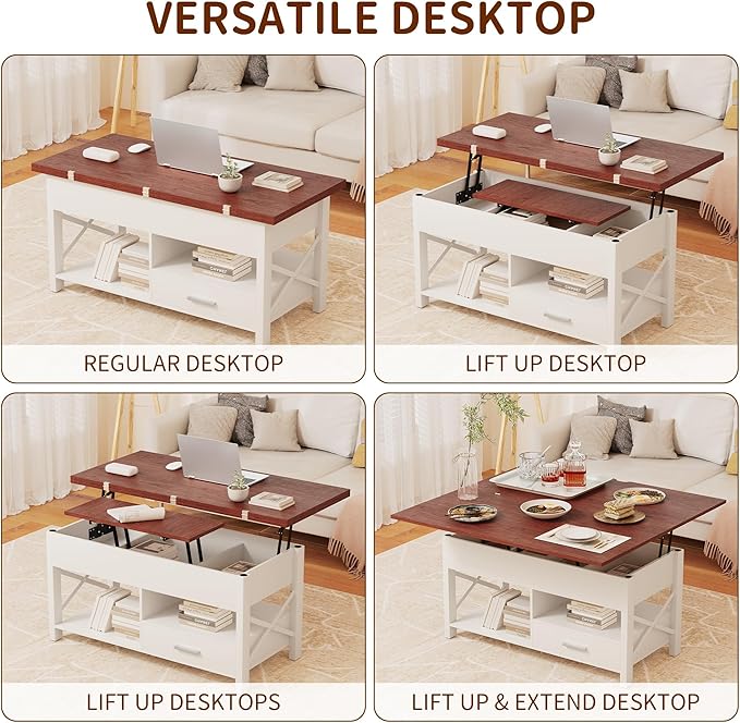 Lift Top Coffee Table with Storage, White Lift Top Coffee Table with Drawers&Hidden Compartment, Multi-Functional Center Table, Convertible Coffee Tables into Dining Table for Home Living Room Office