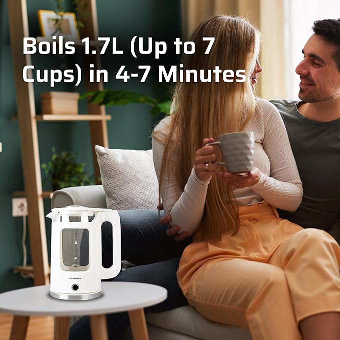 Epsilon 1.7L Glass Electric Kettle – Hot Water Tea Kettle with LED Light, Stainless Steel & Borosilicate Glass, Auto Shut-Off, BPA-Free Electric Teapot, 1100W Fast Boil, Cool Touch