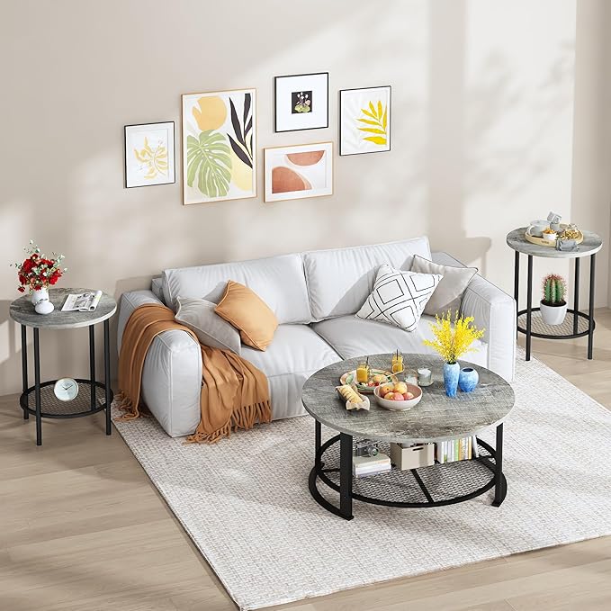 DKLGG Living Room Coffee and End Table Sets, Wooden Modern Rustic Center Table with Two Side Tables, 3 Piece Living Room Coffee Table Set with Storage for Living Room, Apartment (Grey)