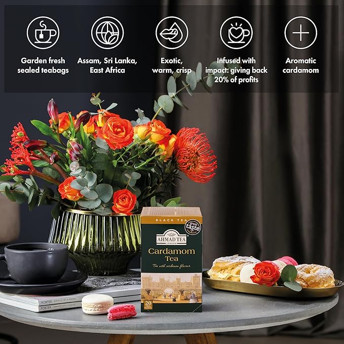 Ahmad Tea Black Tea, Cardamom Teabags, 20 ct (Pack of 1) - Caffeinated & Sugar-Free