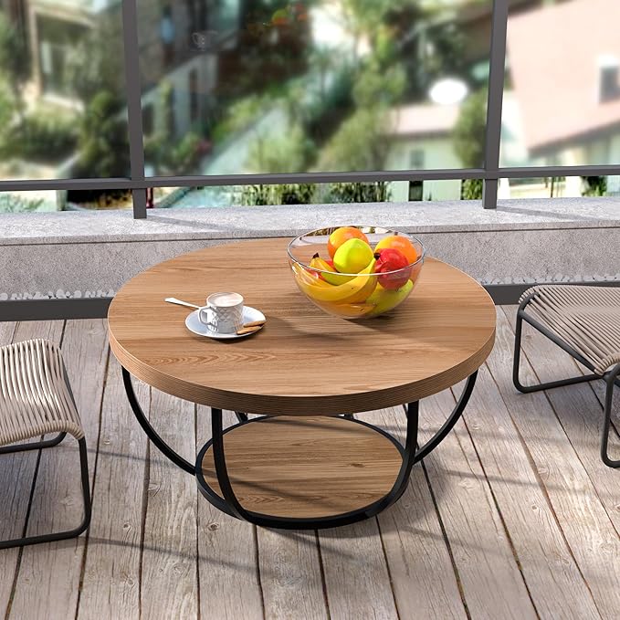 Round Coffee Table, 31" Coffee Table for Living Room Decor, 2-Tier Storage with Steel Frame, Space-Saving Wood Center Table, Modern Style Easy Assembly (Brown)