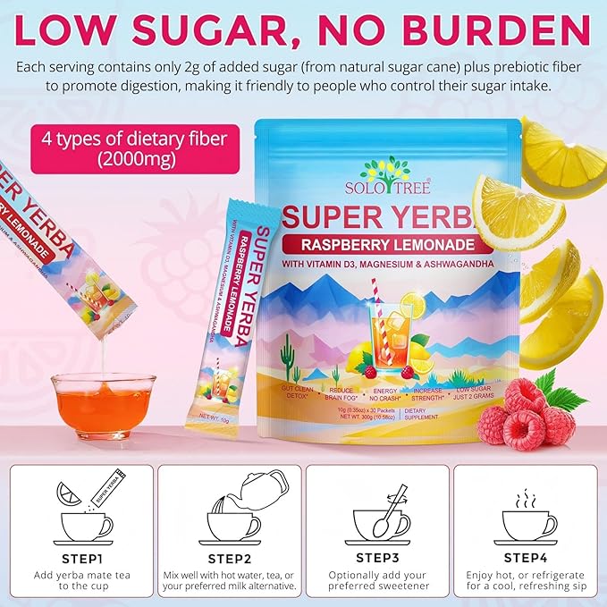 Super Yerba Mate, Yerba Mate Instant Tea Powder ,Low Sugar Content, Clean Energy & Focus Boost,Digestive Support with Antioxidants, Raspberry Lemonade Flavor (30 packs)