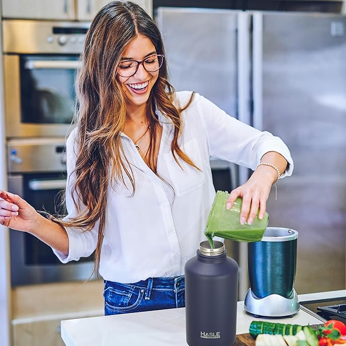 HASLE OUTFITTERS Half Gallon Insulated Water Bottles 64 oz, Stainless Steel Metal Water Jug with 2 Lids Keep Cold 48h/Hot 24h, Leak Proof & BPA-Free Water Flask Jug(Navy,1)