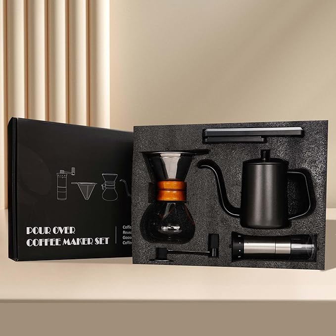 Pour Over Coffee Kit, Coffee Maker Set, All in One Hand Drip Coffee Set, Coffee Grinder Manual Set, Ideal for Anniversary Birthday Gift