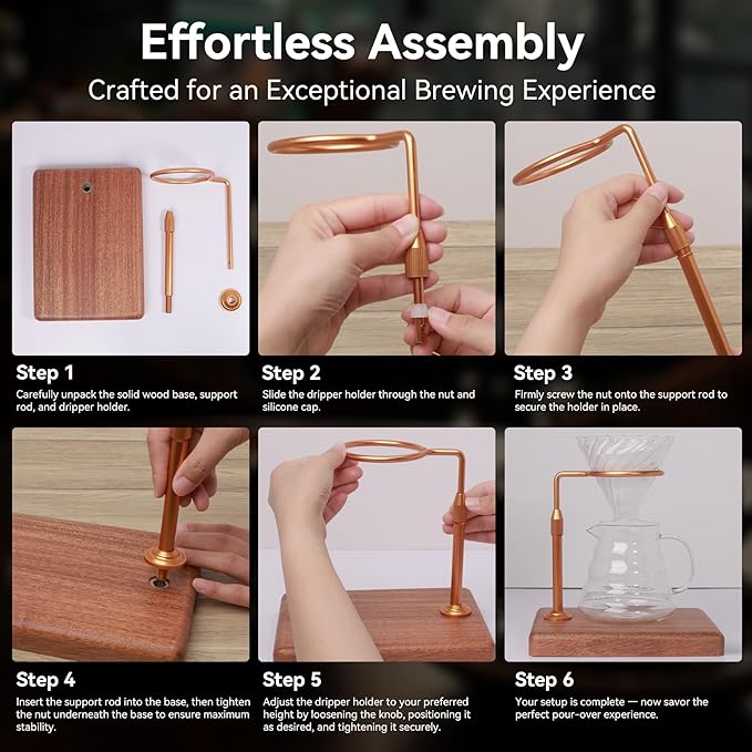 Pour Over Coffee Maker with Adjustable Stand & Wooden Base, Dripper Stand for Manual Coffee Brewing, Coffee Filter Holder, Tea Strainer Stand for Home, Café, Restaurant, Camping, Golden