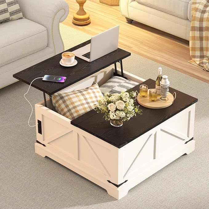 Coffee Table with Storage, 31.5" W Farmhouse Lift Top Wood Square Center Table with Charging Station, Rustic Cocktail Tables with Flip Top Lids for Living Room, Home Office, Modern Black