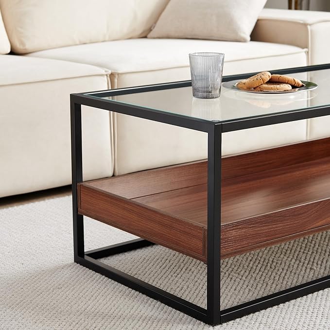 Shrine Glass Coffee Table, Black Walnut Coffee Table for Living Room, Glass and Wood Coffee Table, 39.2" D x 19.5" W x 15.7" H, Clear Glass Top, Walnut Wood Panels&Black Metal Frame