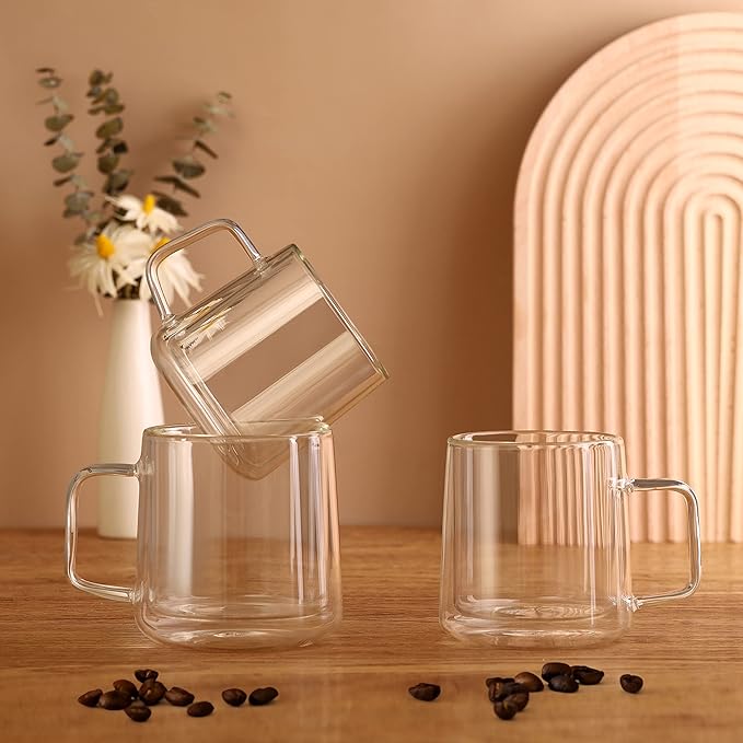 CNGLASS 15.2oz Glass Coffee Mugs,Double Wall Insulated Glass Mugs with Handle,Clear Espresso Mugs for Latte,Cappuccino,Tea Bag,Set of 2