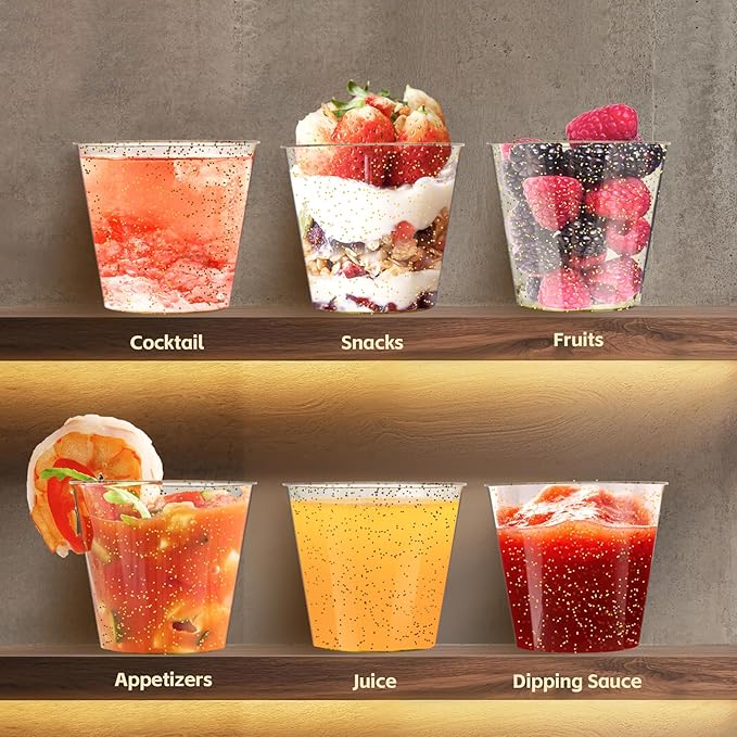 [1000 Pack 1oz Shot Glasses Disposable Cups, Gold Glitter Plastic Shot Glasses for Sauces & Dips, Shot Cups Ideal for Tequila, Whiskey, Wine Tasting, Vodka & Liquor