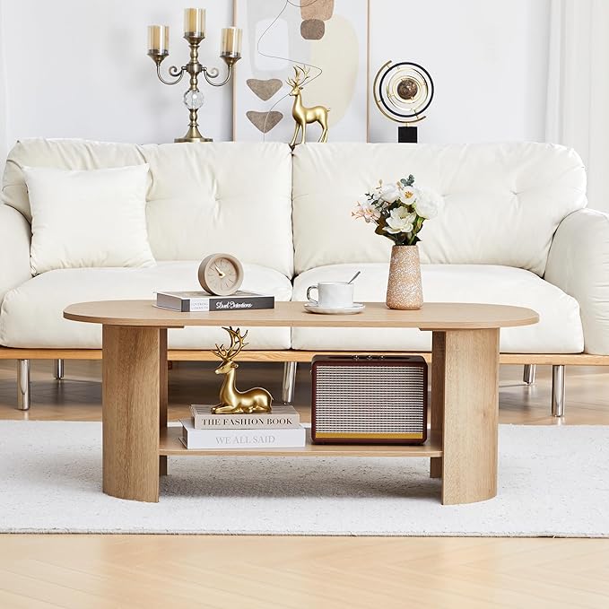43.3” Oval Coffee Tables for Living Room, Wood Farmhouse Coffee Table with Storage, 2-Tier Center Table with Storage Shelf Low Tea Table for Small Space, Home, Office (Natural)