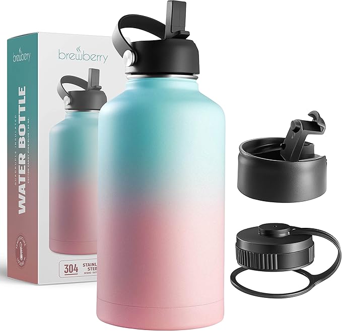 Stainless Steel Insulated Water Bottle and Travel Mug for Hot and Cold Beverages, Wide Mouth, Double Wall Insulated Hydration Sports Water Bottle for Hiking, Biking, Outdoor, 64 OZ BPA Free