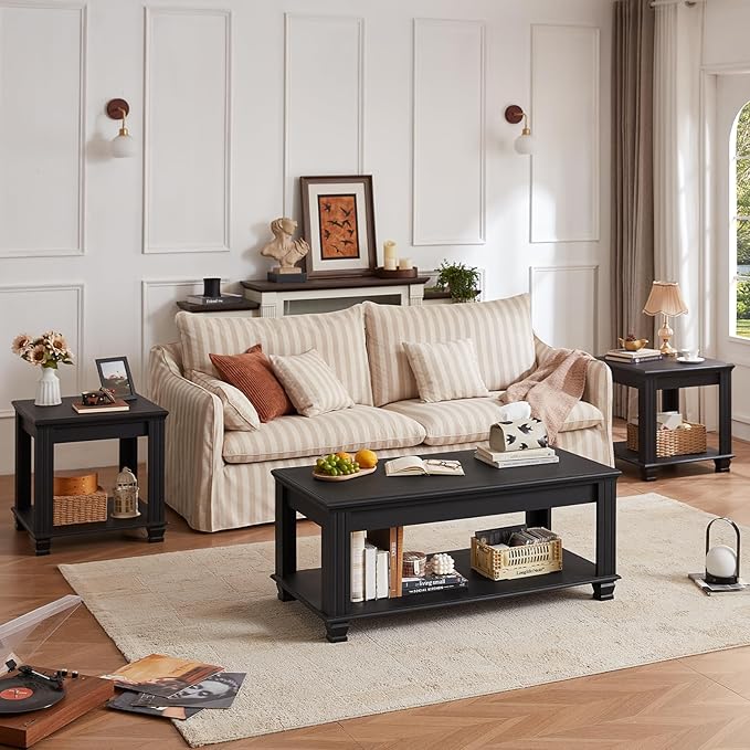 Farmhouse Coffee Tables for Living Room,Square Tea Table with Open Storage Shelf,Large Coffee Table,Rustic Wooden Center Table,Black