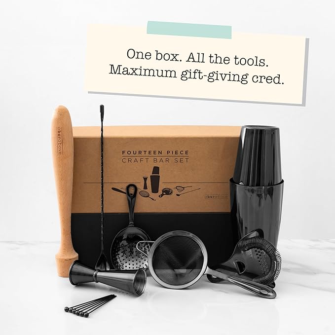 A Bar Above 14-Piece Stainless Steel Bartender Kit, Premium Professional Barware Set for Home Bars and Mixologists, Includes Cocktail Shaker, Jigger, Spoon, Strainers, Muddler, Picks, and More