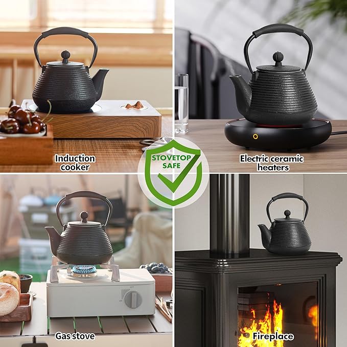 Cast Iron Teapot, 33oz Tea Kettle Stovetop Safe with Infuser for Tea & Coffee, Hand made Japanese Tea Pot Coated with Enameled Interior, Silicone Handle, 950ml Black