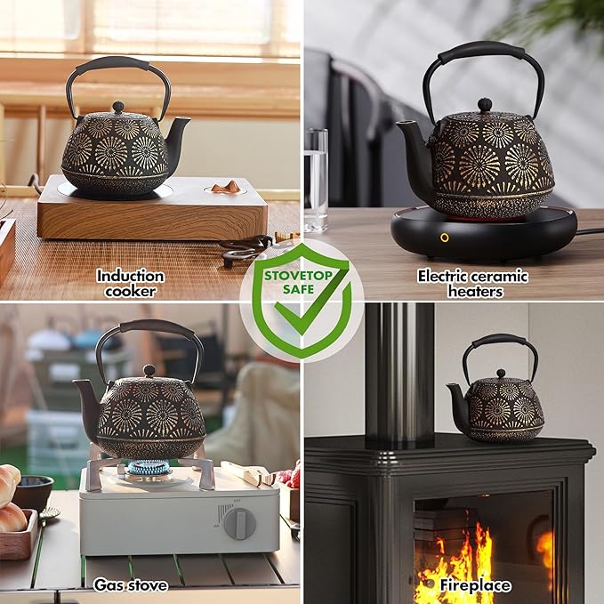 Cast Iron Teapot, 40oz Tea Kettle with Infuser for Stove Top, Sakura Design Japanese Tea Pot for Tea&Coffee Coated with Enameled Interior, Silicone Handle 1200ml black