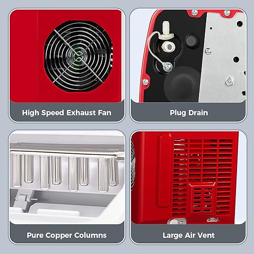 AGLUCKY Ice Makers Countertop with Self-Cleaning, 26lbs/24hrs, 9 Cubes Ready in 6 Mins, Portable Ice Machine with 2 Sizes Bullet Ice/Ice Scoop/Basket for Home/Kitchen/Office/Bar/Party, Red