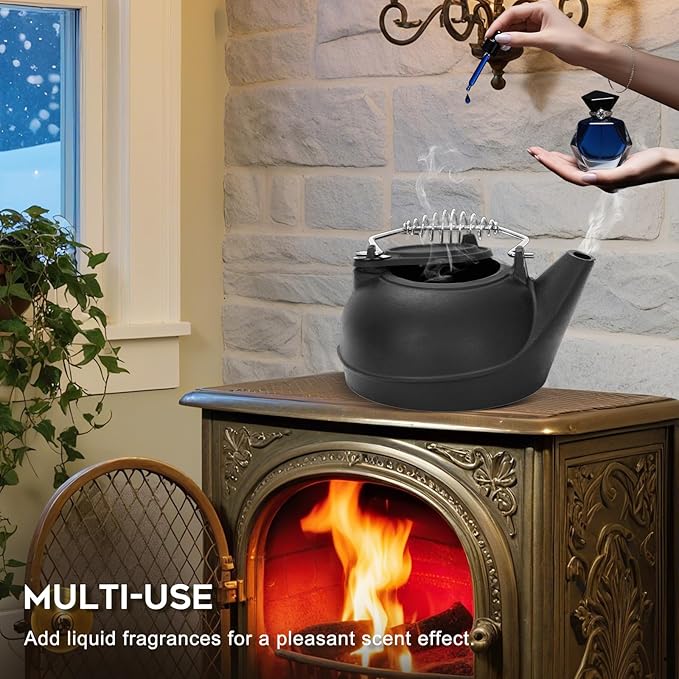 Gtongoko Wood Stove Steamer 3 Quart Cast Iron Humidifier Kettle for Wood Stove, Fireplace Steamer Humidifier with Wide Mouth, Cool-Touch Handle, Home Indoor Decorative Black