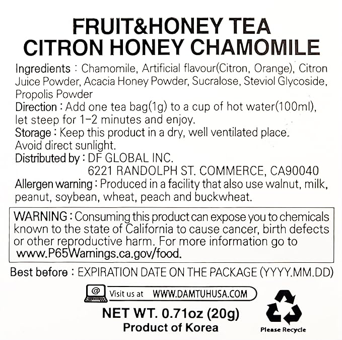 Damtuh Yuzu Honey Chamomile Tea – Citrusy & Floral Herbal Tea Blend, 20 Tea Bags (1g each)