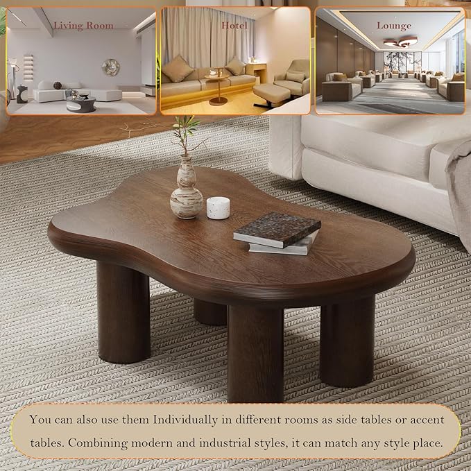 Asymmetric Cloud-Shape Coffee Table with Sturdy & Stable Cylindrical Support Legs, Stylish Irregular Home Decor Center Table (B-46in)