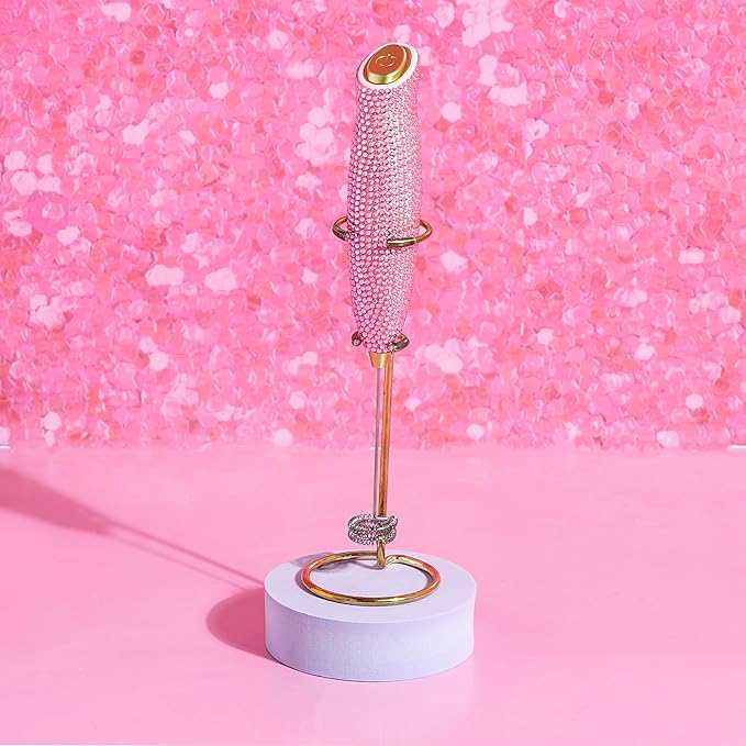 Paris Hilton Electric Rhinestone Handheld Milk Frother with Double Coil Head Whisk and Gold Metal Stand, Battery Powered (2 AA Batteries Required but Not Included), Pink