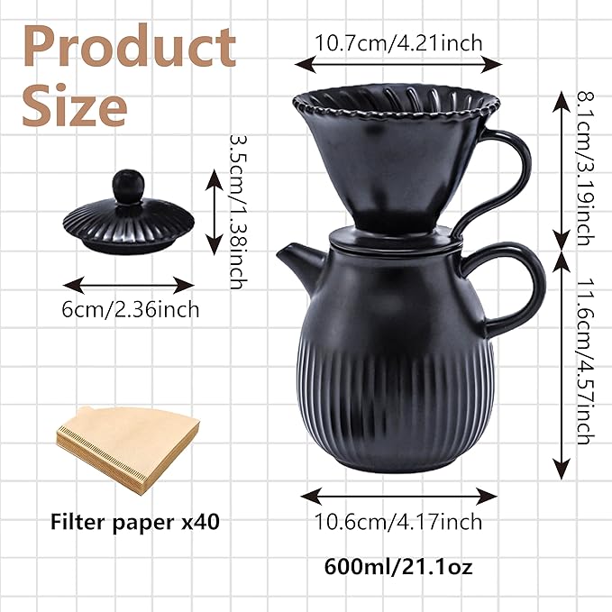 Pour Over Coffee Maker Set Ceramic Coffee Dripper Set with 80 Count Paper Coffee Filters, 21 Ounces